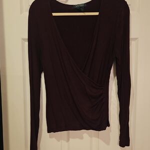 Lauren By Ralph Lauren Burgundy Long Sleeve Wrap Top